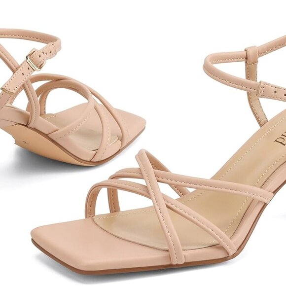 Women's Faux Leather Square Toe Kitten Heel Sandals Ankle Strap Water Resistant - Picture 3 of 6